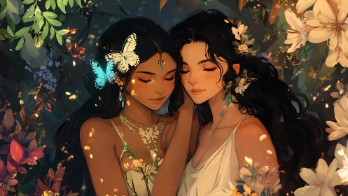 Butterfly sisters rest in sunlit enchanted garden embrace.