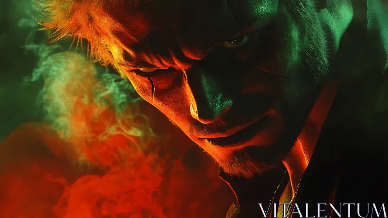 Intense antihero glares through red and green cinematic smoke