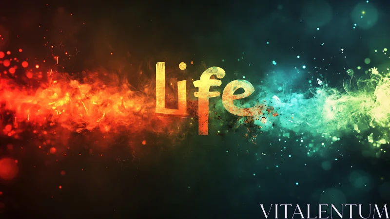Life word art in fiery red to cool teal color stream.