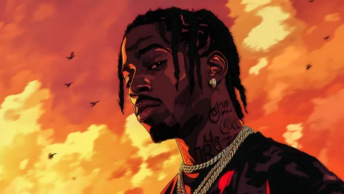 High-contrast cel-shaded portrait against saturated sunset sky