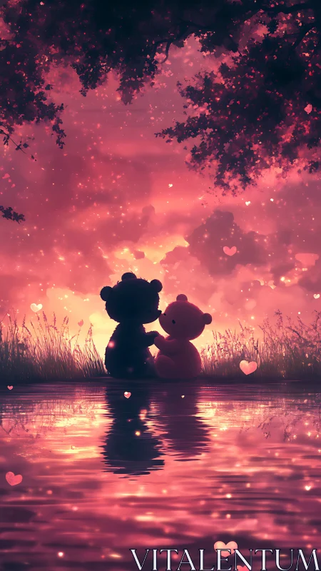 Two Teddy Bears Silhouettes at Glowing Sunset Over Water.