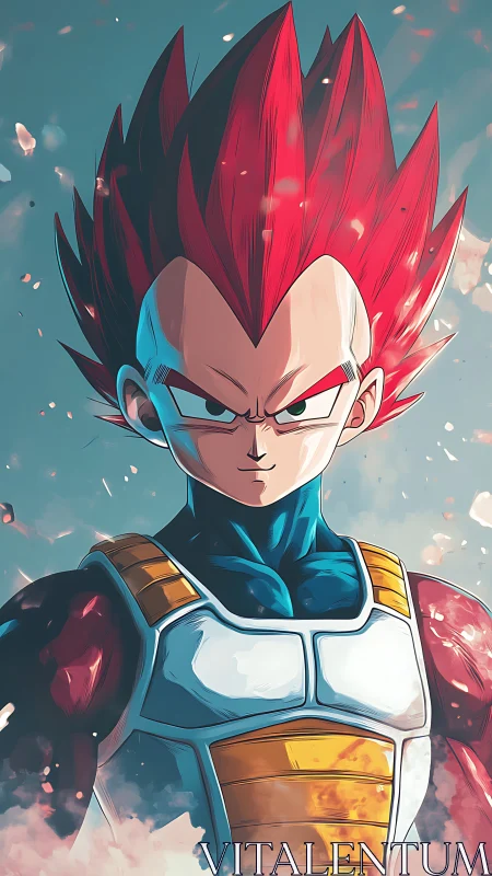 Crimson‑haired space warrior stands unflinching in swirling sparks