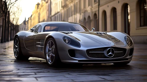 Sleek silver Mercedes coupe on wet urban boulevard at dawn.