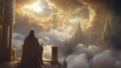 Cloaked figure surveys luminous cloud city from balcony