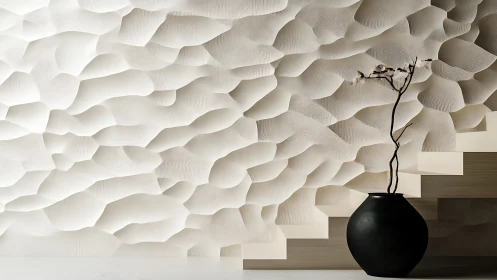 Textured white relief wall with minimalist vase on stairs.