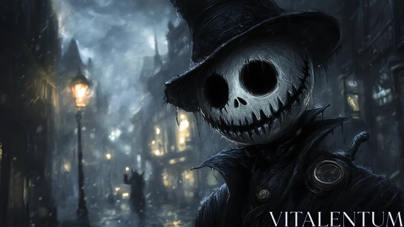 Skull-faced figure in top hat on rainy nocturnal street.
