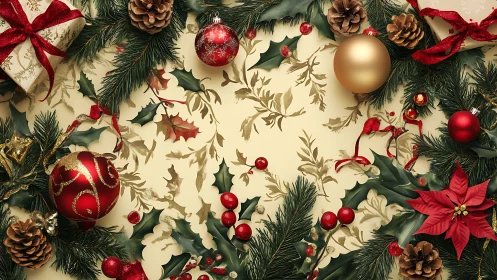 Festive Christmas wreath border with ornaments and holly.