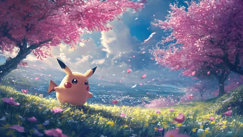 Pikachu stands in bright meadow under pink cherry blossoms