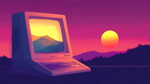 Retro computer frames neon sunset over synthetic mountains.