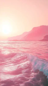 Pink ocean wave rolls toward shore beneath glowing sun