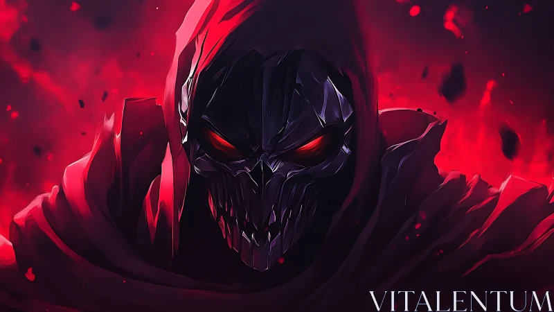 Mysterious dark reaper in glowing crimson shadows.
