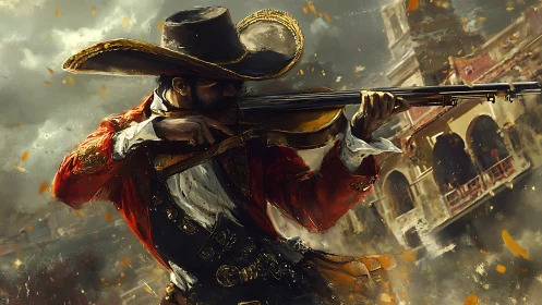 Gunslinger in ornate attire aiming rifle in urban setting.
