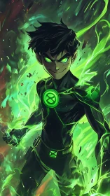 Teen hero channels neon green energy in dynamic stance