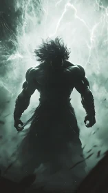 Silhouetted muscular figure stands against bright storm backdrop