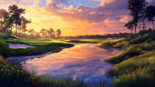 Sunset river glow beside quiet fairway greens on dusk-lit course.