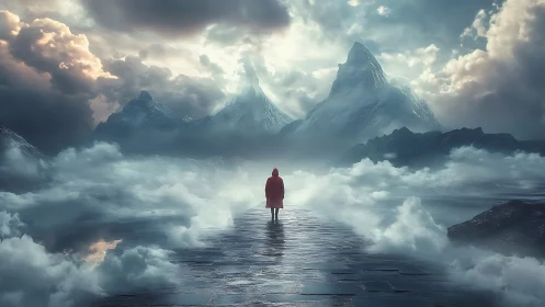 Lone wanderer on misty path toward towering icy peaks.