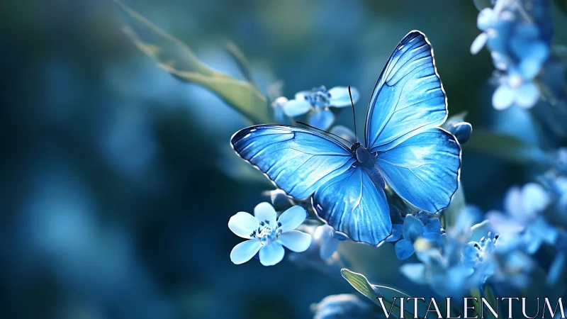 Photorealistic blue butterfly on blossoms in cool bokeh field.
