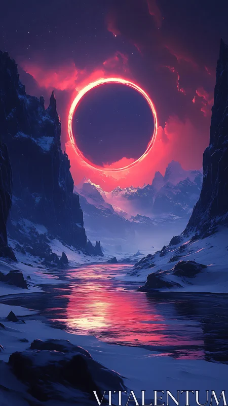 Luminous solar ring over glacial canyon with high chroma reflections