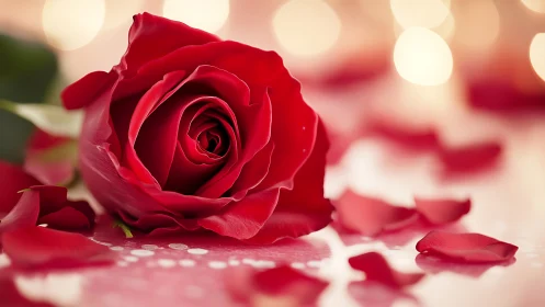 Red Rose with Petals on Surface, Blurred Background