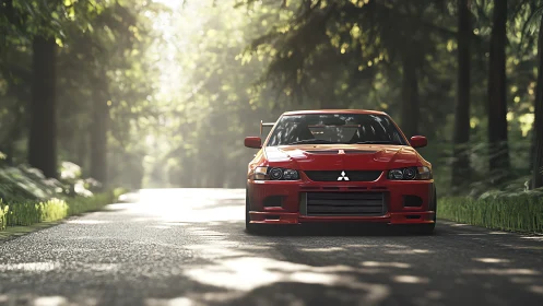 Red Mitsubishi Evo rally car on sunlit forest road, frontal view