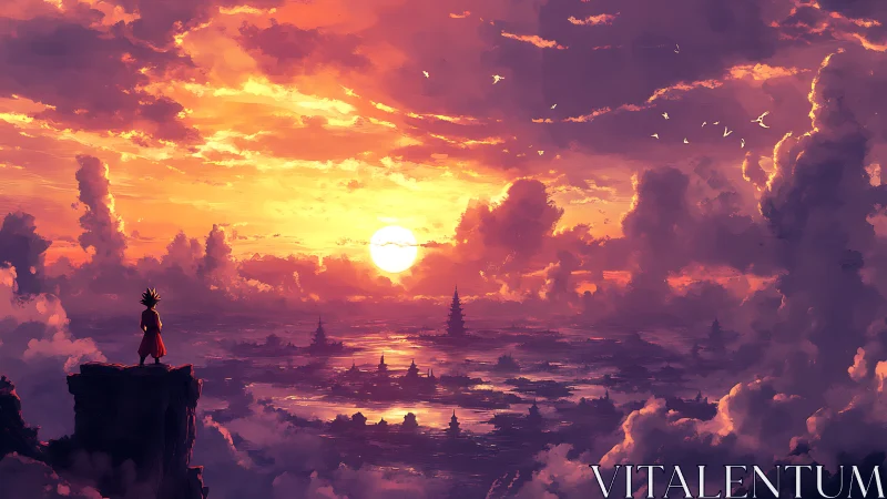 Sunset watcher gazes over a dreamy cloud-wrapped city