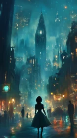 Silhouetted girl in misty neon city street at night.