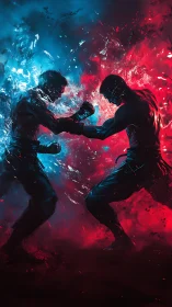 Silhouetted Combat Figures Against Dual Energy Explosions.