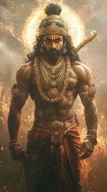 Mythic warrior deity amid blazing halo and firestorm.