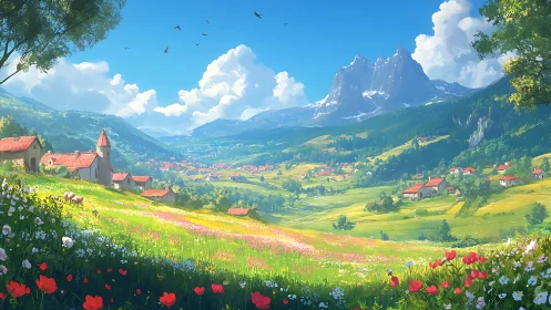 Sunny valley village wrapped in wildflowers and soft mountains.