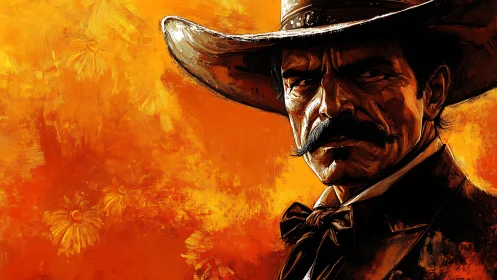 Mustached gunslinger in molten sunset brushstrokes glare.