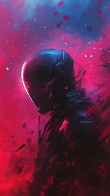 Lone space traveler drifting through neon cosmic clouds.