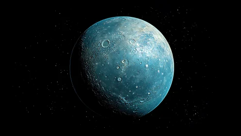 Blue cratered planet in deep black outer space background.