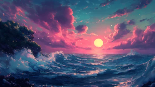 Neon tides serenade a cotton candy sunset over wild seas