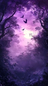 Purple-toned forest canopy frames distant luminous moon