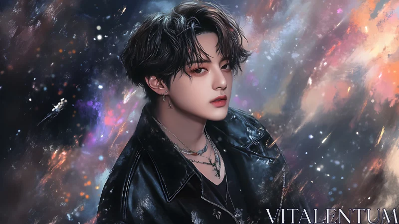 Digital portrait of stylish youth in cosmic neon storm.