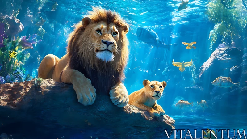 Lion and Lioness Underwater with Marine Life.