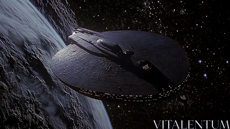 Elliptical starship glides along cratered planetary horizon.