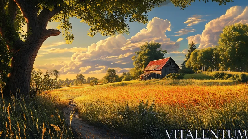 Sunlit barn stands beyond golden meadow under drifting clouds