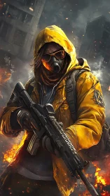 Gas-masked urban combatant in yellow tactical hazmat parka