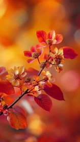 Branch with red-orange leaves against blurred warm background.