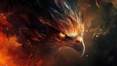 Fierce Eagle Head in Fiery Abstract Digital Art Style.