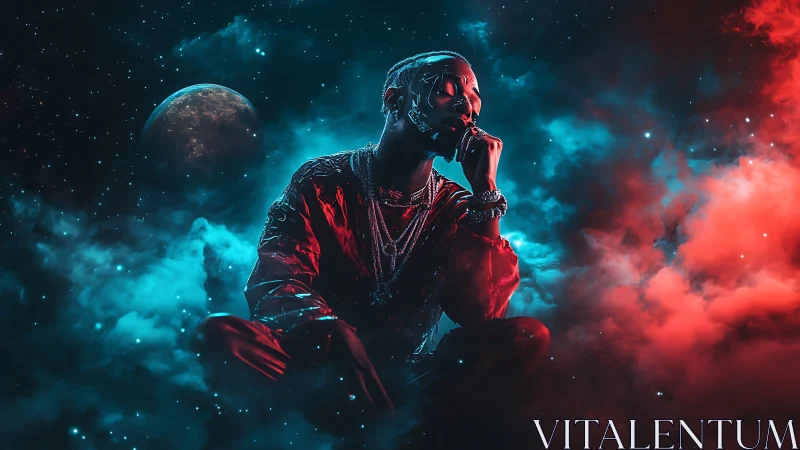 Dreamy cosmic muse surrounded by glowing neon stardust.