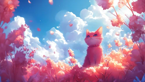 Cat in Field of Blossoms Against Sky and Clouds