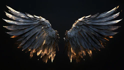 Luminous metallic angel wings blaze against a deep void