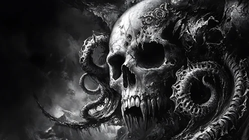 Skull entwined with eldritch tentacles in monochrome void.