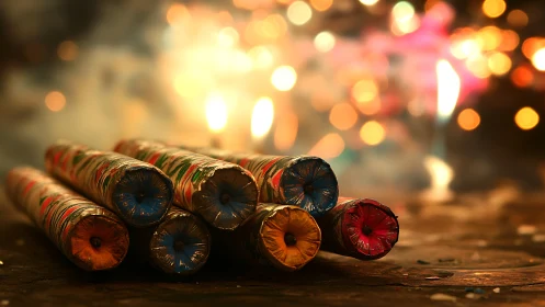 Colorful firecrackers glowing in a cozy festive blur.