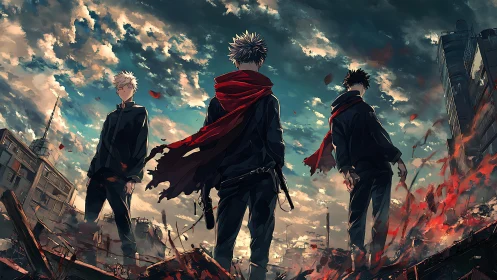 Post-apocalyptic trio with red scarves in burning ruins.