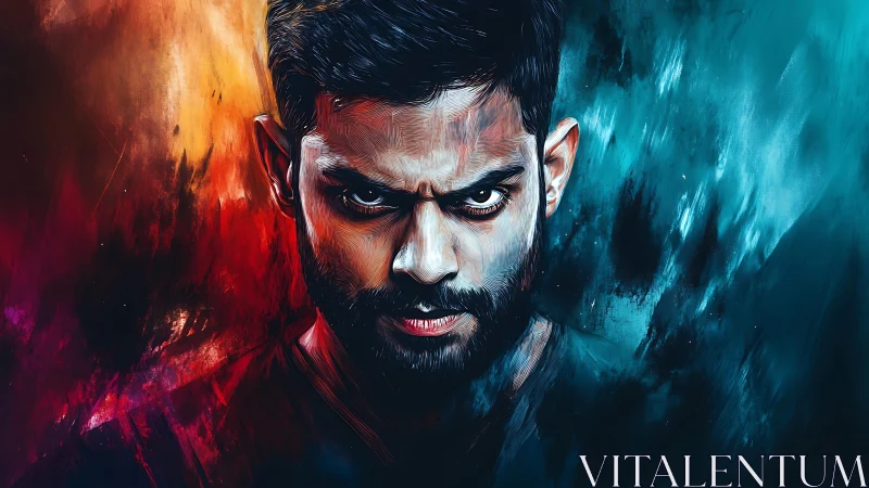 Eyes carve through fire and ice in a split-color portrait