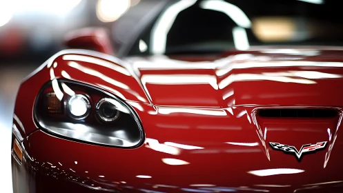 Red Corvette hood captures razor reflections and detail.