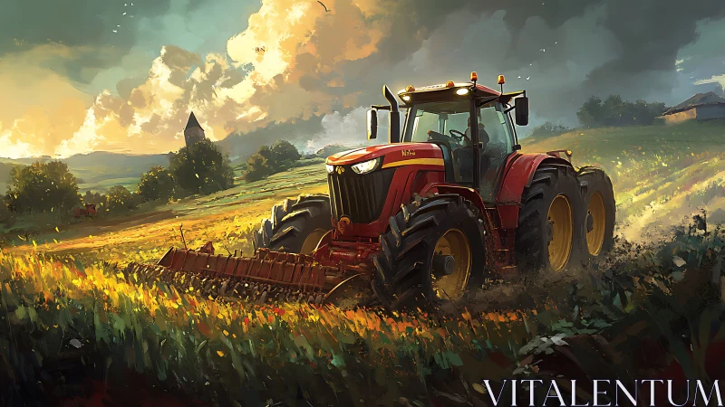 Golden evening tractor rolls through glowing countryside fields